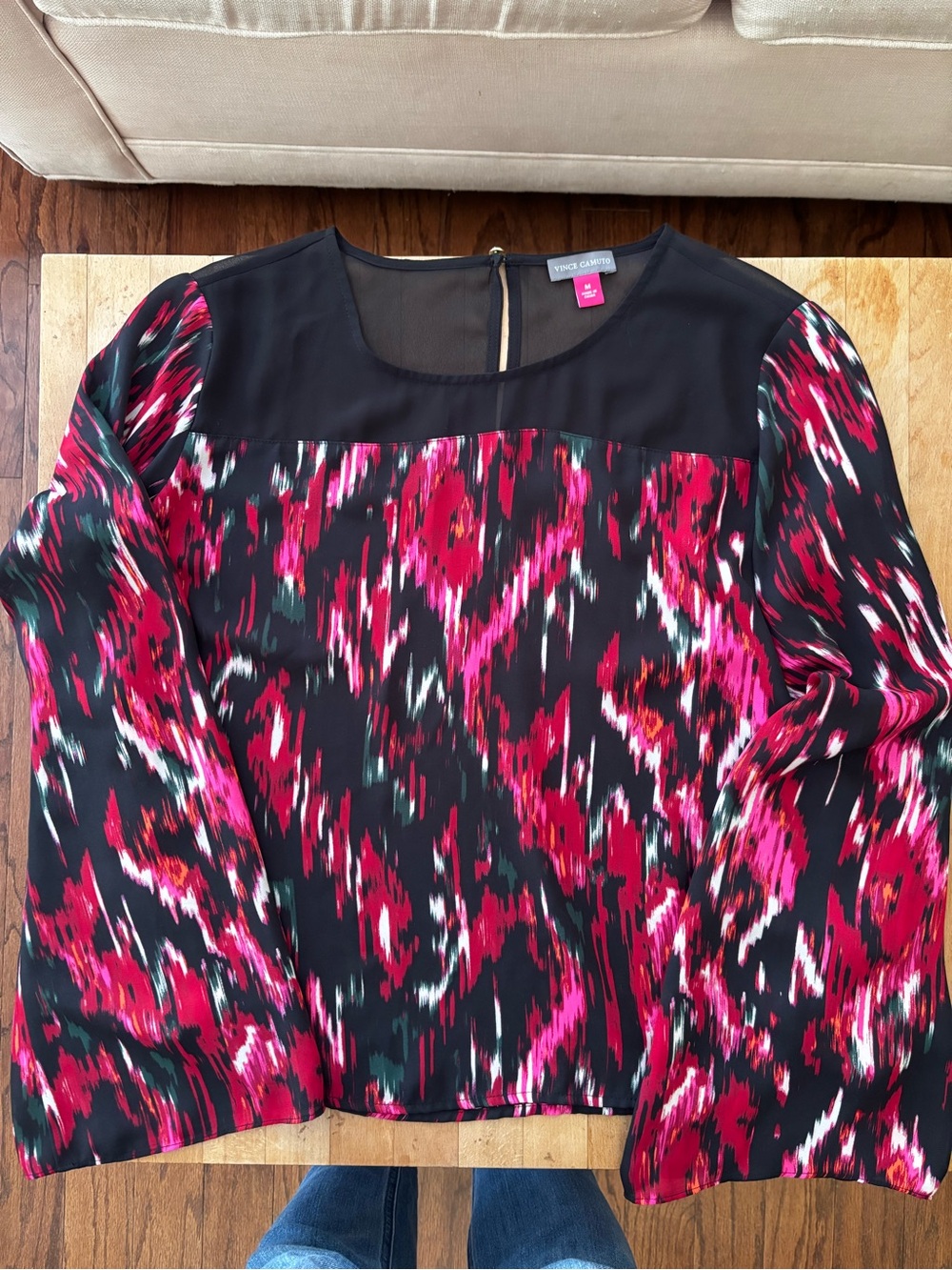 Vince Camuto Medium Black Pink Abstract Print Sheer Yoke Blouse